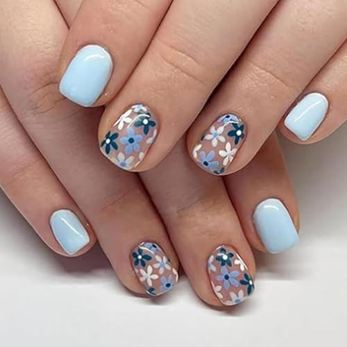 24PCS Flower Almond False Nails Short Oval, Short Almond Acrylic Nails Full Cover Stick on Nails, Fresh and Lovely Blue Flower Design Press on Nail for Women Girls Manicure Decoration