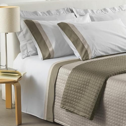 Mahome Set Completo Lenzuola Matrimoniale in 100% Puro Cotone Italiano 120 Fili 300TC Doppia Balza in RASO SATIN - Completo Letto Pregiato Tinta Unita con Doppia Balza in Raso Made in Italy (Sabbia)