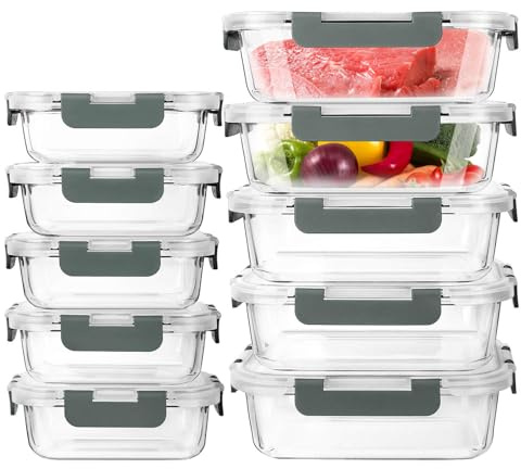 Eidoct 10-Pack Glass Meal Prep Containers with Lids - 1040ml & 400ml Airtight Food Storage Containers | Lifetime Locking Lids, Leakproof, Microwave/Oven/Freezer/Dishwasher Safe (Gray)