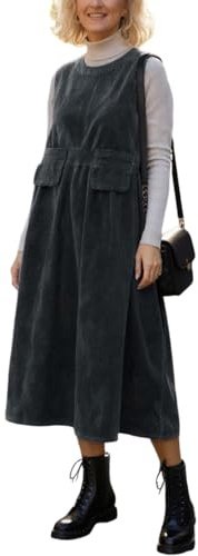 Moda de Primavera/otoño para Mujer Vestido de Pana sin Mangas Holgado Vestido artístico Vintage de Longitud Media con Dobladillo con Abertura y Bolsillos (Negro,XL)