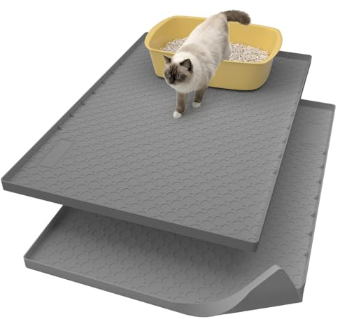 2 alfombrillas grandes de silicona para arena de gatos de 86 x 56 cm, alfombrilla para caja de arena, alfombrilla para atrapar arena de gatos, antideslizante e impermeable, bordes elevados, gris