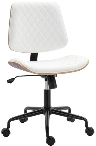 HOMCOM Silla de Escritorio sin Brazos, Silla de Oficina Giratoria, Tapizada en Cuero Sintético, con Respaldo Curvado, Asiento Forma U, Altura Ajustable, Basculante, Sillón de Maquillaje, Blanco