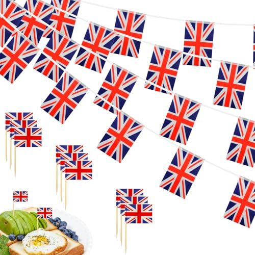 Lunhoo Union Jack Flagge Dekoration Set, 10m/33ft Stoff Union Jack Flagge Wimpelkette und 100 UK Flaggen Zahnstocher Kuchen Topper für Krönung Weltmeisterschaft Britische Motto Party Dekorationen