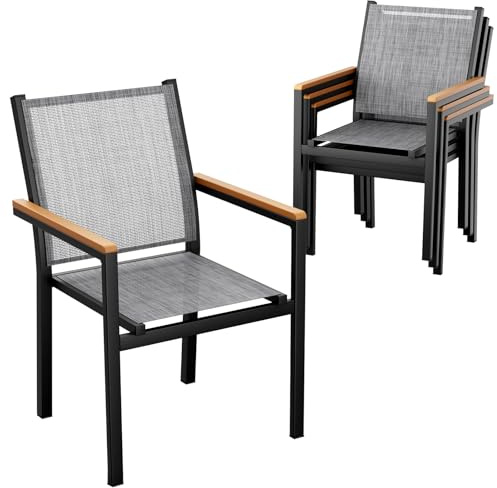 LIFERUN Trädgårdsstol set om 4, aluminium, stapelbar matstol textilen, WPC-ledstång, balkongstol, för terrass, balkong, terrass, pool, restauranger, väderbeständig, linnegrå, 4 st