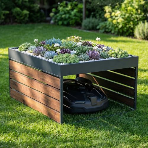 CASABEL Abri pour robot tondeuse en acier galvanisé, finition noir et bois, Garage design avec bac à plantes intégré sur le toit, 82x70x43cm, abri universel