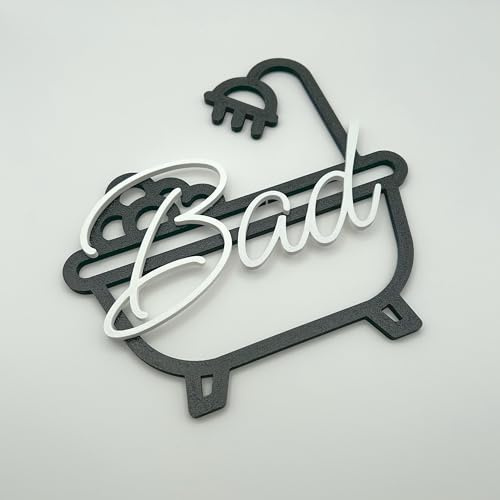3D Badezimmer Schild „Bad“ – Moderne Wanddekoration aus PLA mit Klebepads – Stilvolles Türschild für WC, Badezimmer & Gäste-WC – Schwarz Weiß Design