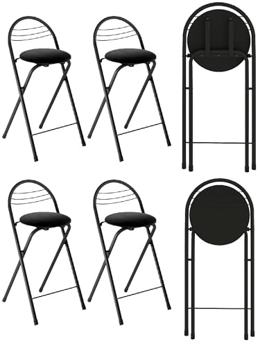 Xinyvee Sgabello da Bar Pieghevole con Schienale, Set da 4 Sgabelli Alti da Cucina in Velluto Senza Montaggio 60cm, Sedie Pieghevoli per Angolo Bar, Nero