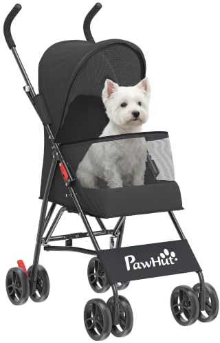 PawHut Dog Stroller Foldable Pet Pram for Miniature Breeds, Black | Cat Dog Stroller with Canopy, 360° Swivel EVA Wheels, Mesh Windows, Brake