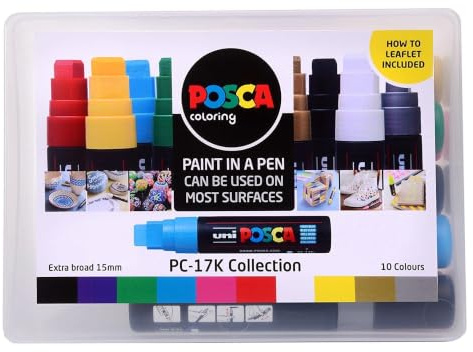 POSCA PC-17K Acrylic Paint Marker Pens, Standard Colours (10-Pack) | Broad 15 mm Chisel Tip, Water-Based, Non-Toxic, Ideal for All Surfaces