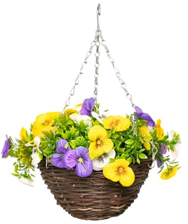 Primrose Premium Large Artificial Outdoor Hanging Baskets With Flowers (Yellow, Purple & White Pansy, Set of 1)