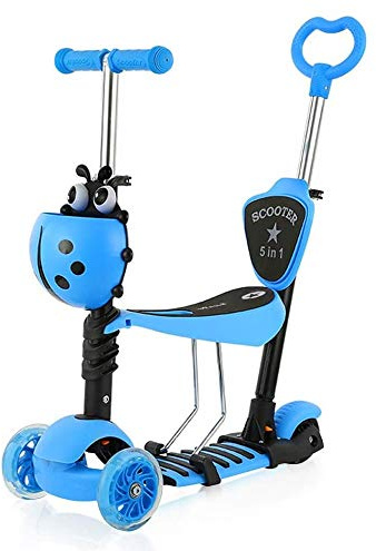YOLEO Patinete para Niños 5-en-1, Patinete 3 Ruedas LED Parpadeantes, Scooter para Niños con Manillar Ajustable Asiento Extraíble de 2 a 8 años, Carga Máxima de 50 kg (Azul)