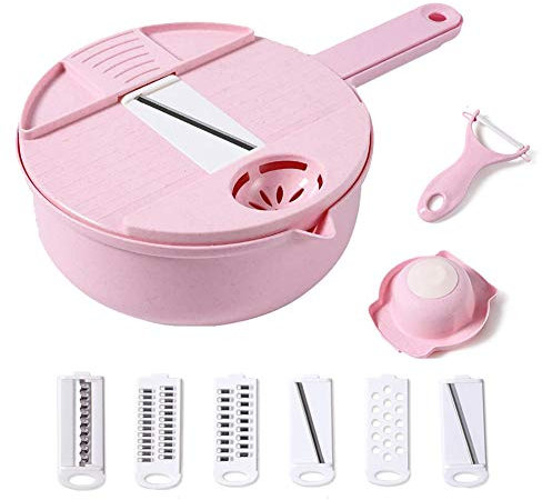 Chaitai Cortador de verduras 12 en 1 Mandolina cortador multifunción de alimentos con separador de yema de huevo, colador de verduras, color rosa