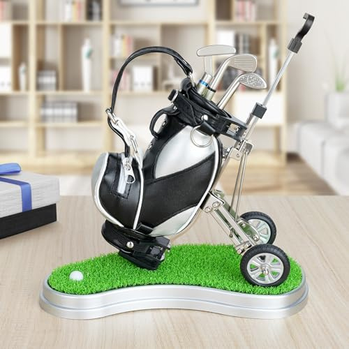 10L0L Mini-Schreibtisch-Golftasche, Stifthalter mit Rasensockel und Golfstiften, 3-teiliges Set, Golf-Souvenir, Tour-Souvenir, Geschenk für Golfer, Vater, Freund