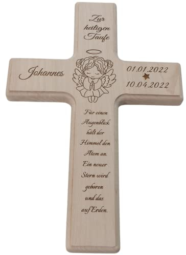 Generisch Taufkreuz Kreuz zur Taufe oder Geburt Kinderkreuz mit Namen und Taufspruch personalisiert Massiv Ahorn (30 x 20 cm)