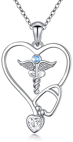 Flyow Set di gioielli con stetoscopio, collana e orecchini a perno in argento Sterling 925 con stetoscopio, regalo per infermiere, dottori, lauree, studenti di medicina, Argento sterling Zirconia