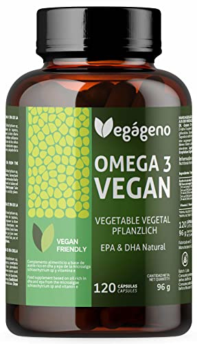 VEGAGENO Omega 3 Vegan – Olio di alghe 2000 mg di origine vegetale con 600 mg di DHA e 300 mg di EPA per dose giornaliera – 120 capsule – Senza glutine – Non OGM – In forma di Trigliceride