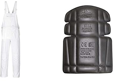 Portwest S810 Bolton Painters Bib Cotton Overalls White, Medium & Knee Pad, Size: One Size, Colour: Black, S156BKR