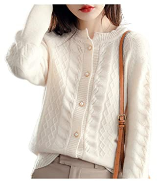 SERUMY Cardigan Ladies Cashmere Cardigan Spring New Large Size Twist Coat High-End Cashmere Sweater Shirt Loose Women Jacket Thick Top-Beige,S