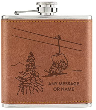 Personalised Ski Lift Skiing 6oz PU Leather Hip Flask Tan Custom Name Message Let's Get Piste