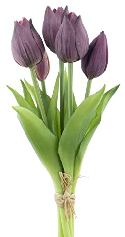 mucplants künstliche Tulpen ca. 26cm Tulpenbündel mit 3 Tulpen und 2 Tulpenknospen real Touch (Aubergine)
