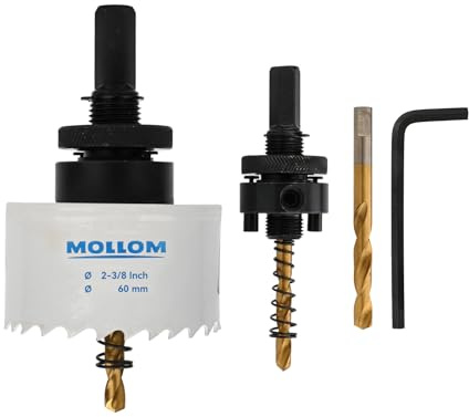 Mollom 60mm (2-3/8) HSS M42 Bi-Metall-Lochsäge 8% Kobalt mit Aufnahmedorn | 2 Zentrierbohrer, sauberer Schnitt in PVC, Gipskarton, Holz, Kunststoff, Metall, Gummi