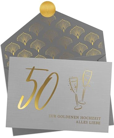 Joli Coon 50 Zur Goldenen Hochzeit alles Liebe mit Kuvert und Siegelsticker | 350g strukturiertes Designerpapier, Goldveredelung, graues Premium-Kuvert, für Ehepaare, zum 50. Hochzeitstag