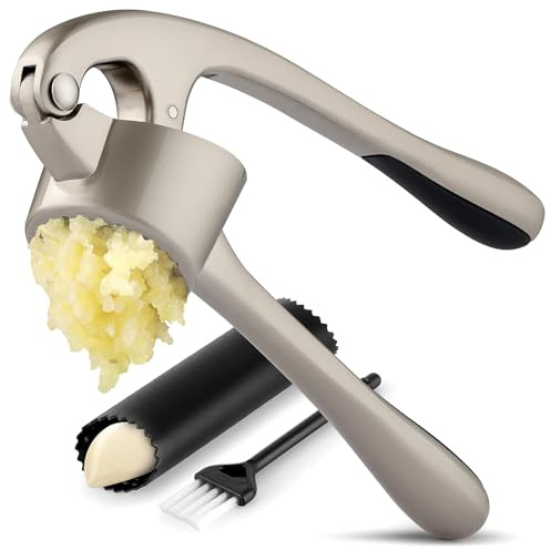 Zulay Kitchen Premium Extra Large Garlic Press Set - Rust Proof & Dishwasher Safe Professional Garlic Crusher Tool - Easy-Squeeze, Easy-Clean with Soft, Ergonomic Handle - Peeler & Brush - Silver