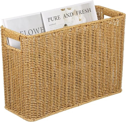 Wensmy Hand Woven Seagrass Magazine Holder - Narrow Rectangular Wicker Basket Floor Organizer for Home Office Coffee (38 * 15 * 26cm, Light Brown)