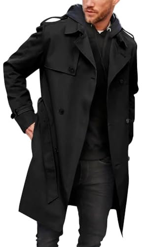 Runcati Men's Coat Double Breasted Trench Coat Long Lapel Business Jacket with Belt Black L