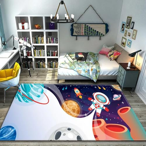 Kind Teppich 120 X 180 Cm, Schlafzimmer Teppich, 3D Teppiche Wohnzimmer Teppiche Weich Rutschfest Teppich Für Wohnzimmer Schlafzimmer Bettvorleger Cartoon-Astronauten-Weltraum-Universum-Planet -3X6I0G