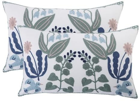 Tosleo Embroidered Pillow Covers 12x20 Set of 2 Green Leaves with Birds Floral Tufted Pillowcases Spring Summer Decorative Coastal Pillow Cushion Cases Lumbar Navy Blue Flower Pillow Case