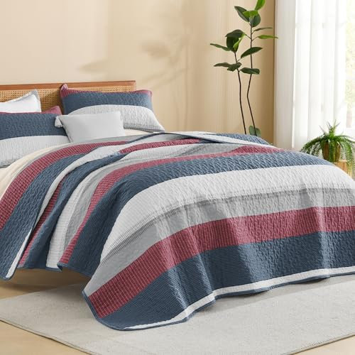 Litanika Steppdecke in Queensize, Blau und Rot, gestreifte Patchwork-Sommer-Tagesdecke, Überwurf, 3-teilig, weich, leichte Mikrofaser, Bettwäsche-Set für alle Jahreszeiten (1 Steppdecke, 2
