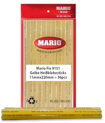 Mario Klebesticks 11mm*220mm, 36 Stück, super stark, heißschmelzend, ideal für Möbelindustrie und Handwerk - professionelle Qualität für starke Verbindungen (Gelb)