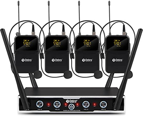 D Debra Audio Pro UHF 4 Channel Wireless Microphone System with Lavalier Headset Mics, Ideal for Meeting Church Speech (4 Bodypack)