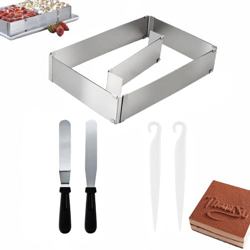 QYRDBGY Marco para hornear rectangular ajustable, 5 cm de alto, marco para hornear rectangular con divisor, espátula, molde para tartas, molde de cocina de acero inoxidable, cuadrado, molde para