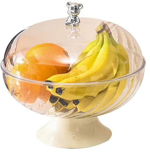 Frutero con tapa, frutero grande de 9,7 x 9,5 pulgadas, cesta de fruta transparente con orificios de drenaje, cuenco decorativo con pedestal para encimera de cocina, aperitivos de pan y verduras,
