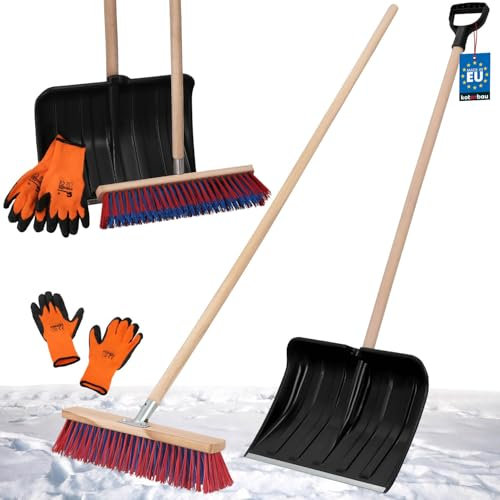 KOTARBAU® Set pala da neve con manico in legno 131 cm scopa da strada 43 cm + guanti pala da neve pala da neve spazzaneve scopa da giardino con manico esterno pala da neve auto manico in legno per la