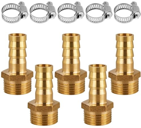 Lot de 5 raccords de tuyau en laiton de 10 mm x 1/4 filetage extérieur pour air, gaz, eau, carburant avec 5 colliers de serrage}