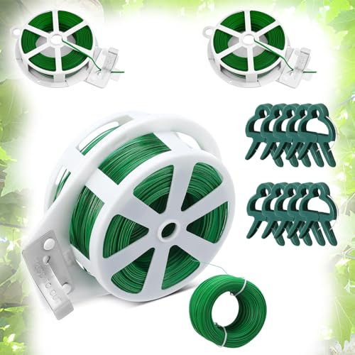 FISH DRAGATE 2 pcs 100m Fil Jardinage,Ficelle Jardin,Attaches de Jardin pour Plantes,Attache Plante,tuteur Plante grimpante,20 pcs Attache tomates Clips réutilisable,pour Le Jardinage
