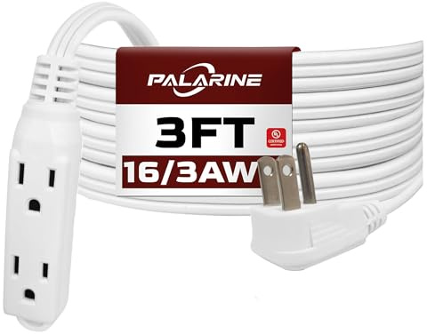 PALARINE - Cavo di prolunga piatto con prolunga a 3 prese, cavo di prolunga interno, calibro 16, 3 piedi, bianco, 3 punte, 16/3 SPT-3 13A, elencato UL