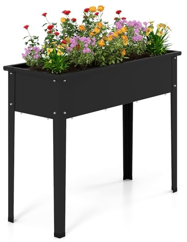 GOPLUS Carré Potager sur Pieds, Trou de Drainage, Structure Métallique, Jardinière Surélevée Extérieur pour Plantes, Pieds Antidérapants, Idéal pour Légumes, Fleurs, Noir