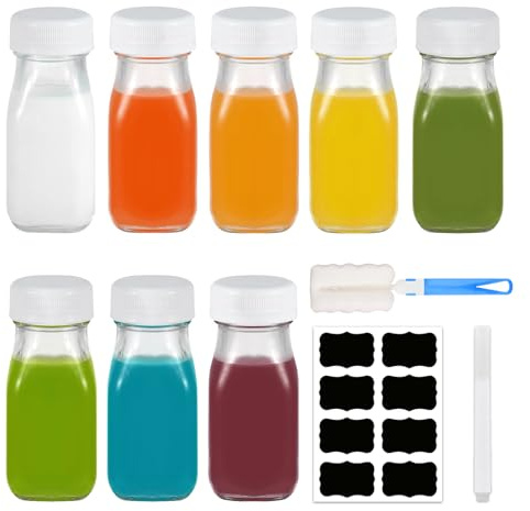 ZhouZGlass 8 Pcs 100ml Square Glass Milk Bottle, Shot Bottles with Lids, Juice Bottles Bulk Beverage Containers with Brush Sticker and Markpen for Juice, Tea, Milk