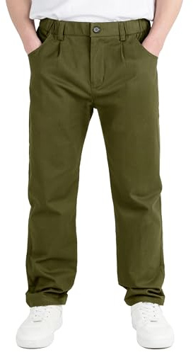 CAMLAKEE Pantalones de pierna recta para niños, pantalones chinos de uniforme escolar con bragueta de cremallera, Ejercito Verde, 10-11 años