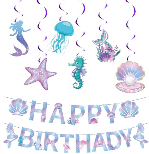 Nivalora Mermaid-Themed Birthday Party Decor Set - Includes Mermaid Birthday Banner & Swirl Hangers - Perfect for Mermaid or Under the Sea Theme Birthday Celebrations
