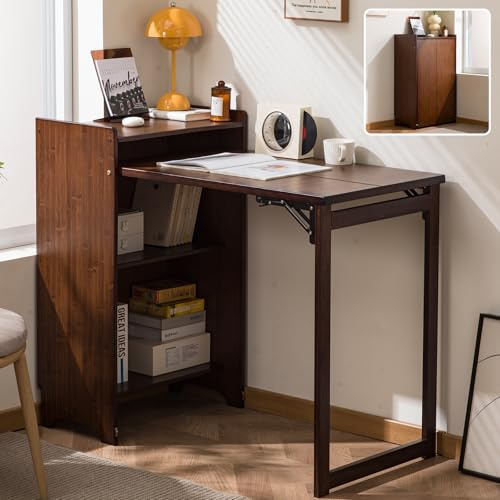 FeheriFurn Bambus Klapptisch für kleine Räume, Mid-Century Faltbarer Computertisch mit Stauraum für Home Office und Schlafzimmer, Braun