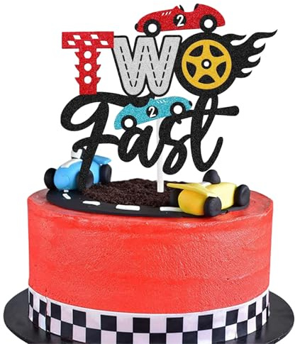 Two Fast Birthday Decorations, Car Cake Toppers, Car Cake Decorations- HSC 1pc Racing Car Theme Cake Topper with Extra Cars Designs, 16x14cm for 2nd Birthday (Black/Blue/Red/Yellow)