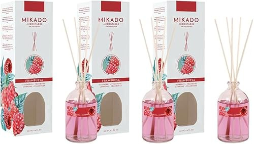 PCMOVILES Mikado Ambientador FRAMBUESA 100 ml – Pack de 3 Unidades – Aroma Fresco y Natural – Difusor de Varillas para Casa, Oficina y Armario
