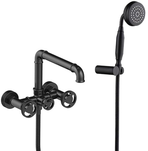 HomeLava Badewannenarmatur Retro Schwarz mit Handbrause, Zweigriff Messing Wannenarmatur Mischbatterie mit Brause Duscharmatur Aufputz Nostalgie Industrieller Stil Badewanne Wasserhahn Dusche Set