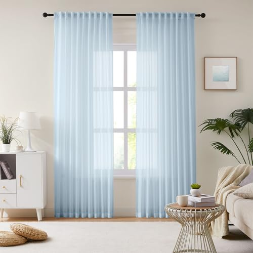 Melodieux Durchsichtig Vorhänge mit Haken - Himmelblau Voile mit Kräuselband, Leicht Durchscheinend, Dekorativ für Wohnzimmer, Schlafzimmer und Babyzimmer, Schienensystem, 260×137cm (H×B) 2er Set