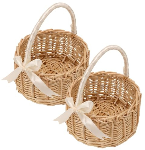 SOUJAP 2 Stück Blumenkörbe mit Henkel Kleine Rattan-Korb für Blumenmädchen | Geflochtener, Weiß 15x8cm, für Hochzeit Wohndeko Blumengestecke